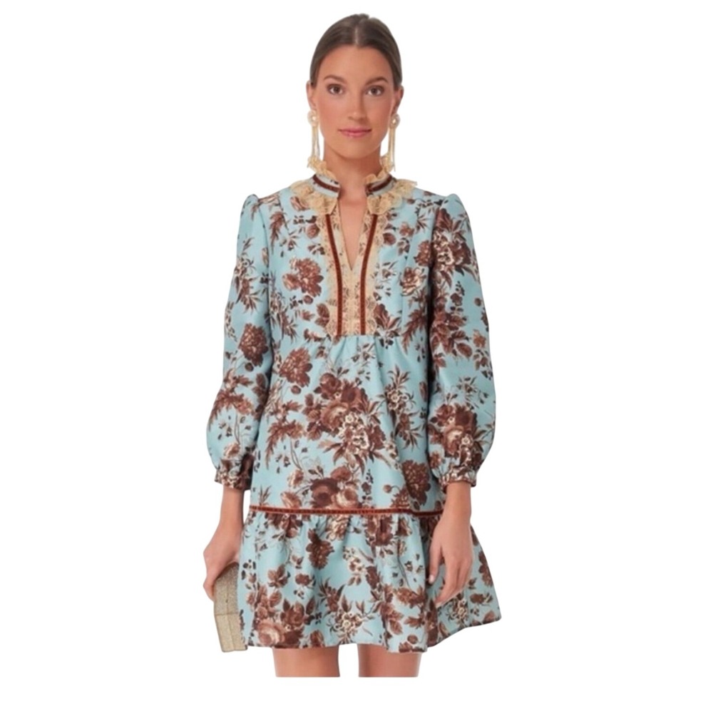Tuckernuck Floral Lace Trim Velvet Notch Neck Piping Mini Dress Blue Brown Large